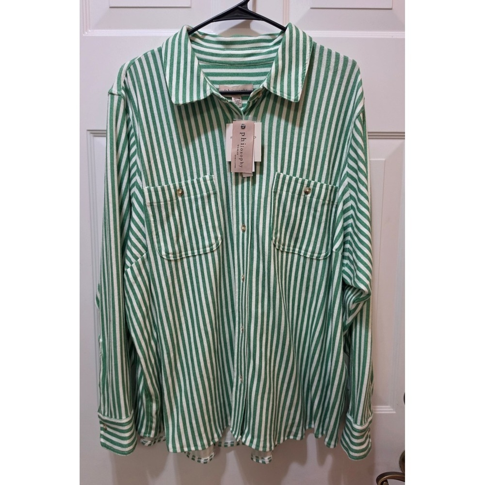 NWT Philosophy Woman 2X Green White Striped Button Down Shirt Viscose Blend